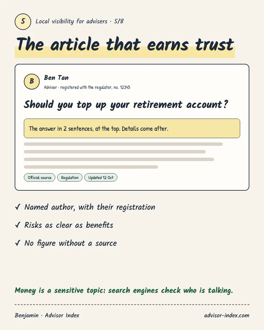 The article that earns trust: named author with registration, answer in 2 sentences, official sources, no figure without a source