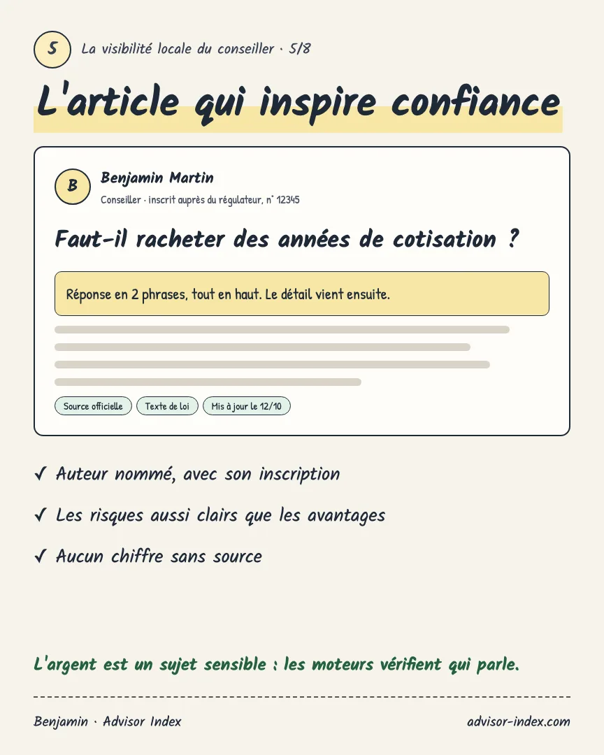 L'article qui inspire confiance : auteur nommé avec son inscription, réponse en 2 phrases, sources officielles, aucun chiffre sans source