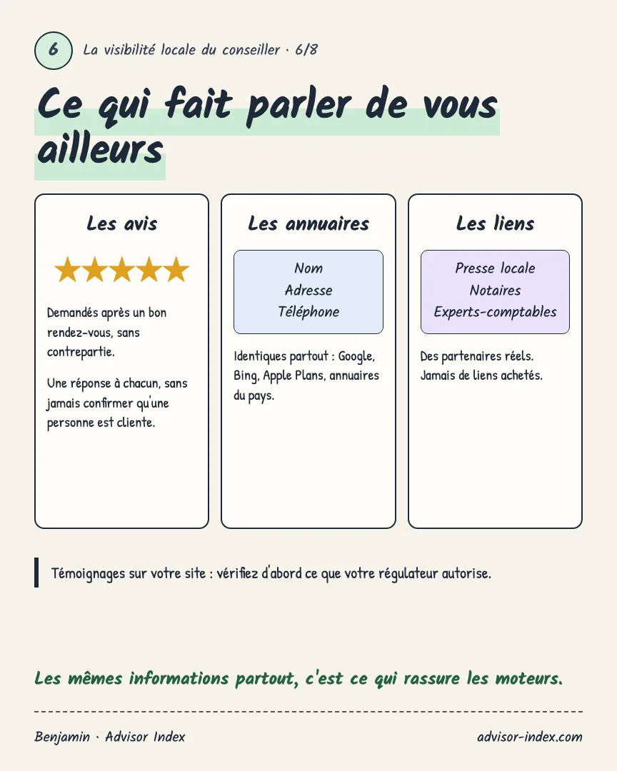 Ce qui fait parler de vous ailleurs : avis, annuaires cohérents et liens locaux
